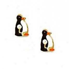14k Yellow Black And White Enamel Childrens Penguin Earrings