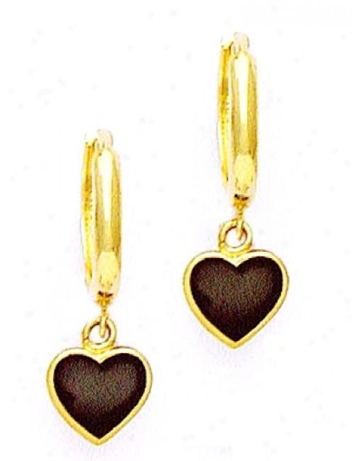 14k Yellow Black Onyx Heart Design Hinged Earrings