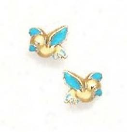 14k Yellow Blue Enamel Childrens Bird Screw-back Earrings