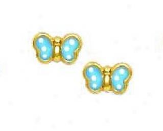 14k Yellow Blue Enamel Childrens Butterfly Earrings