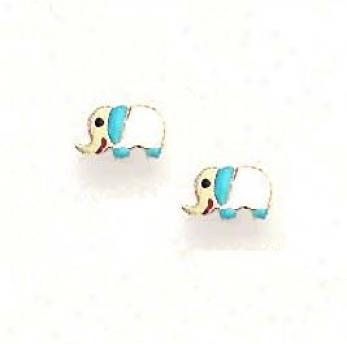 14k Yellow Blue Enamel Childrens Elehpnt Earrings