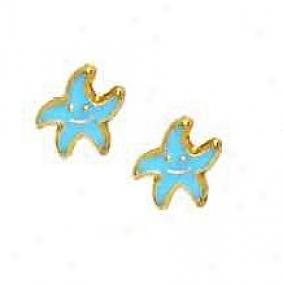 14k Yellow Blue Enamel Childrens Star Screw-back Earrings