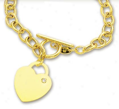 14k Yellow Bold Heart Charm Toghle Diammond Bracelet - 7.5 In