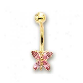14k Golden Butterfly Pink Toumaline Belly Ring
