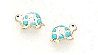 14k Yellow Cz Blue Enamel Chldrens Turtle Earrings