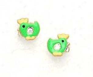 14k Yellow Cz Green Enamel Cjildrens Chicken Earrings