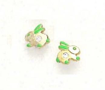 14k Yellow Cz Green Enamel Childrens Rabbit Earrings