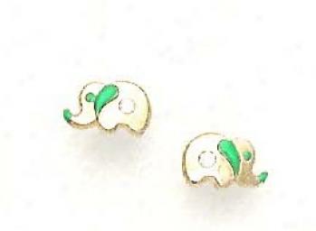 14k Yellow Cz Green Enamel Childrens Elephant Earrings