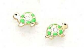 14k Yellow Cz Green Enamel Childrens Turtle Earrings