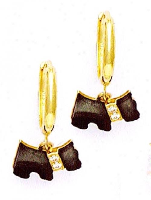 14k Yellow Cz Onyx Puppy Hinged Earrings