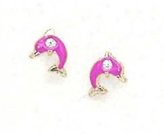 14k Yellow Cz Pink Enamel Childrens Dolphin Earrings