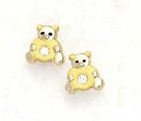 14k Yellow Cz Yellow Enamel Childrens Teddy Bear Earrings