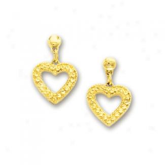 14k Yellow Diamond-cut Dangling Open Heart Shaped Earrings