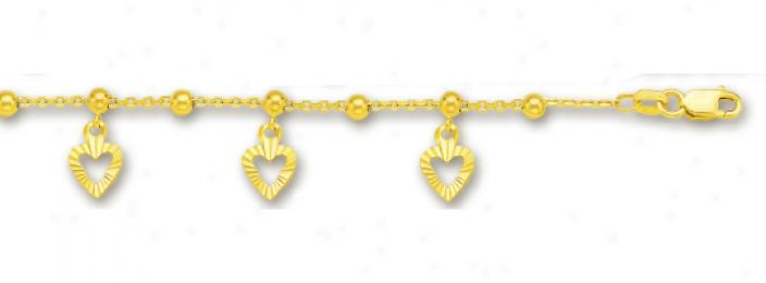 14k Yellow Drop Opwn Heart Station Anklet - 10 Inch