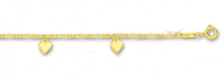 14k Yellow Drop Real Heart Station Anklet - 10 Inch