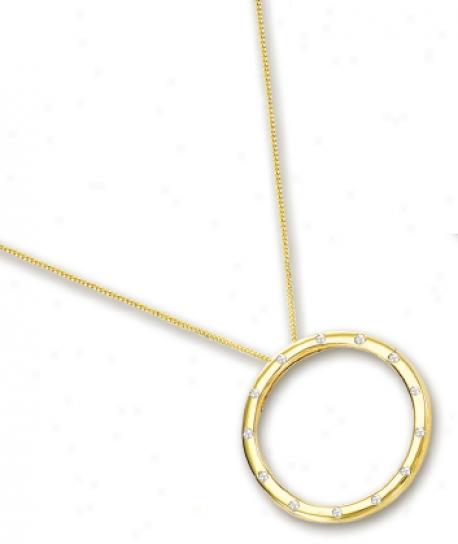 14k Yellow Elevant Circle Diamond Necklace - 18 Inch