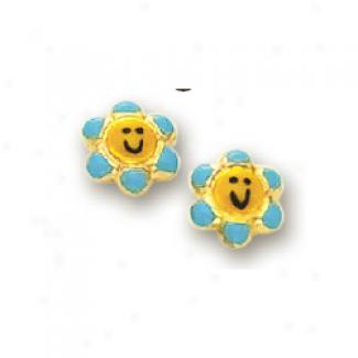 14k Yellow Flower Childrens Stud Enamel Earrings
