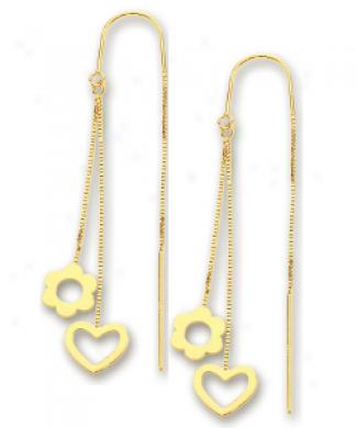 14k Yellow Heart Shaped And Flower Threader Earrings