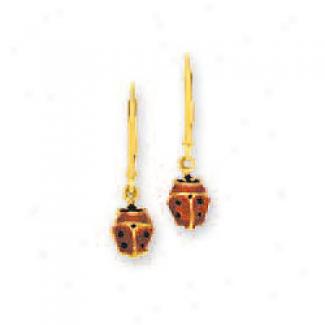 14k Yellow Leverback Ladybug Enamel Earrings