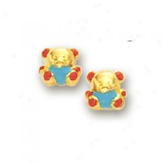 14k Yellow Little Bear Childrens Stud Enamel Earrings