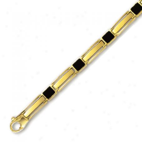 14k Yellow Mens Black Onyx Bracelet - 8.5 Inch