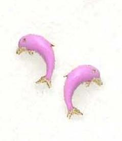 14k Yellow Pink Enamel Childrens Dolphin Screw-back Earrings