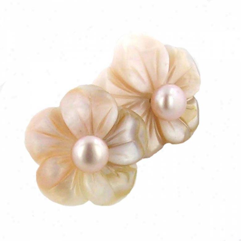 14k Yellow Pink Mother Of Pearl Flower Pearl Earrings