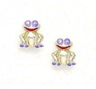 14k Yellow Purple Enamel Chilrens Frog Screw-back Earrings