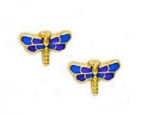 14k Yellow Purple Enamel Childrens Dragonfly Earrings