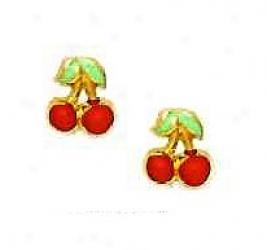 14k Yellow Red Enamel Childrens Cherry Screw-back Earrings