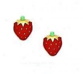 14k Yellow Red Enamel Childrens Strawberry Earrings