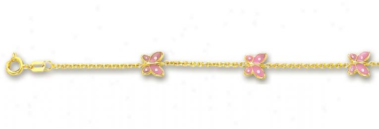 14k Yellow Rolo And Butterfly Station Enamel Anklet - 10 Inc