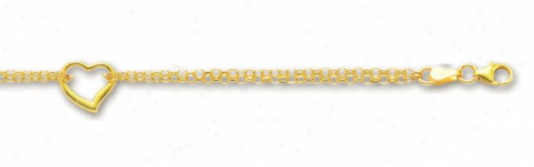 14k Yellow Rolo And Heart Anklet - 10 Inch