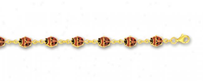 14k Yellow Rolo And Lady Bug Station Enamel Anklet - 10 Inch