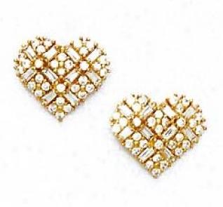 14k Yellow Round And Baguette Cz Heart Earrings