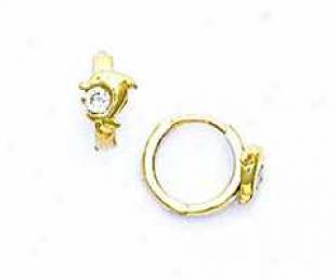 14k Yellow Round Cz Dolphin Childrens Hinnged Earrings