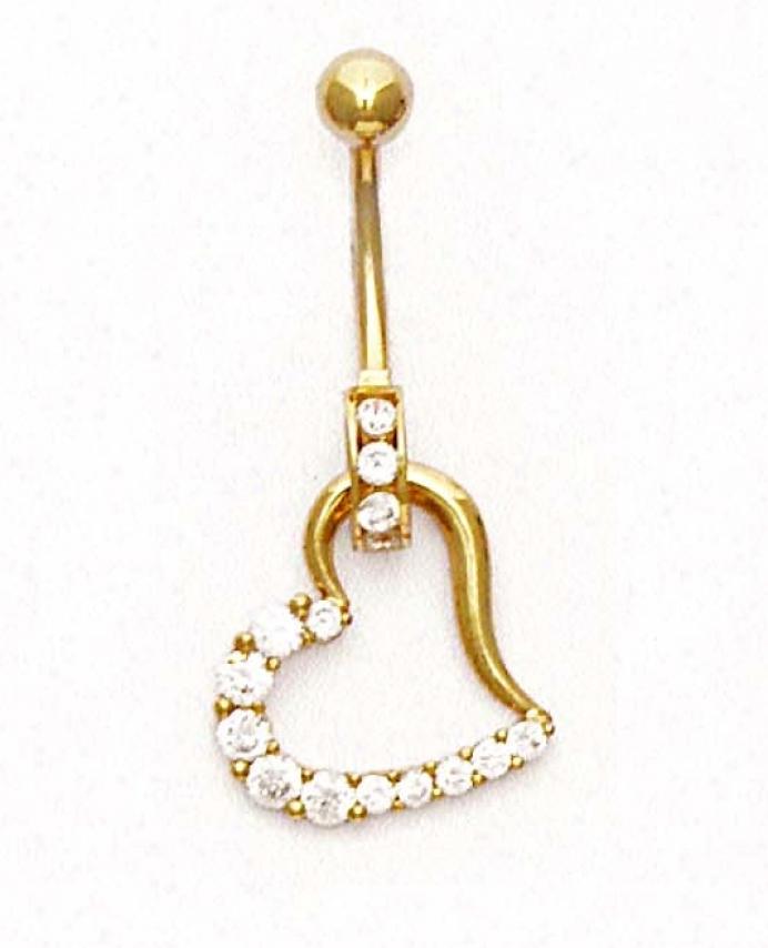 14k Yellow Round Cz Open Heart Belly Ring
