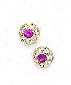 14k Yellow Round Ruby-red Cz Circle Friction-back Earrings