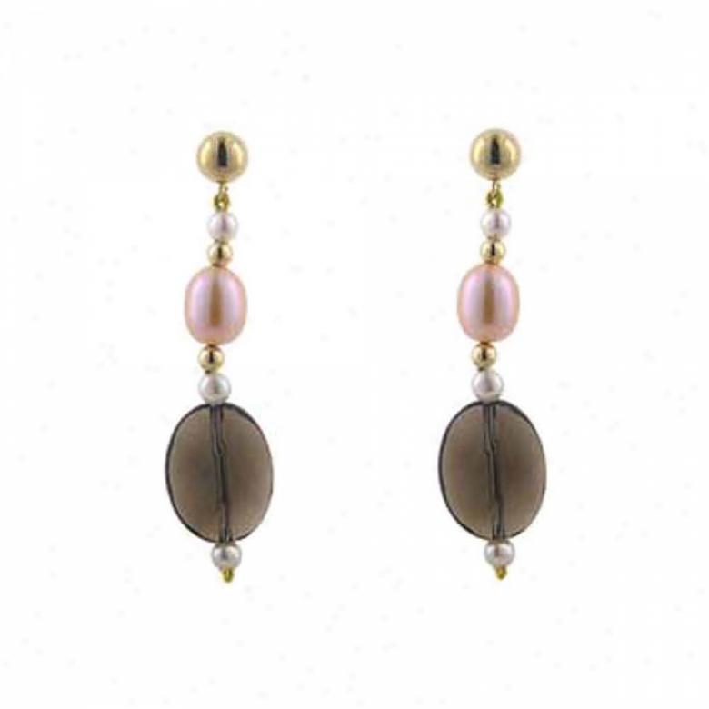 14k Yellow Smokey Silex And New Water Pink Pearl Eaarrings