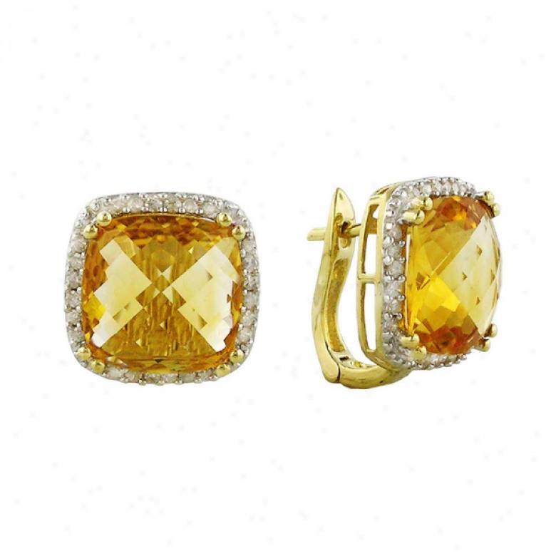 14k Yellow Square-cut Citrine And Diamond Stud Earrings