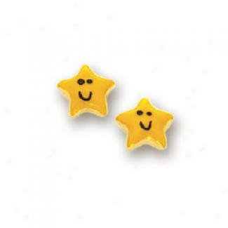 14k Yellow Star Childrens Stud Enamel Earrings