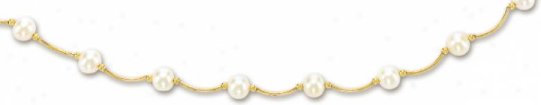 14k Yellow Station Pearl Necklace - 17 Inch