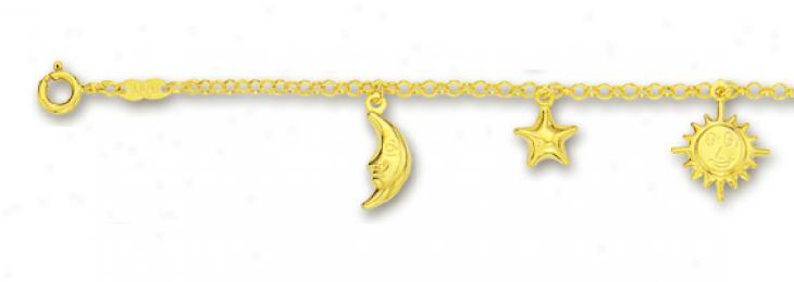 14k Yellow Sun Moon And Star Charm Bracelet - 7 Inch