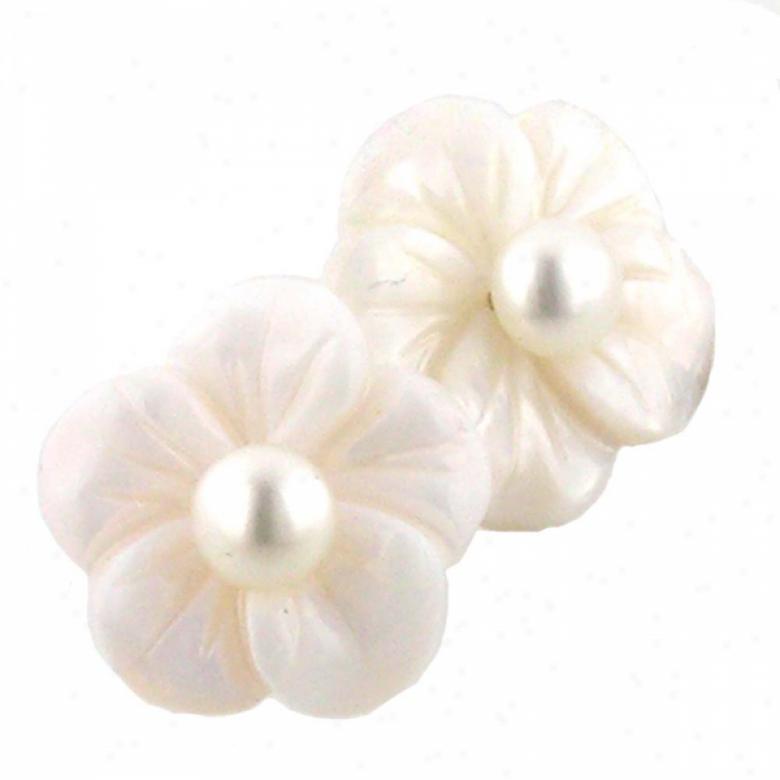 14k Yellow White Mother Of Pearl Flower White Pearl Earrings
