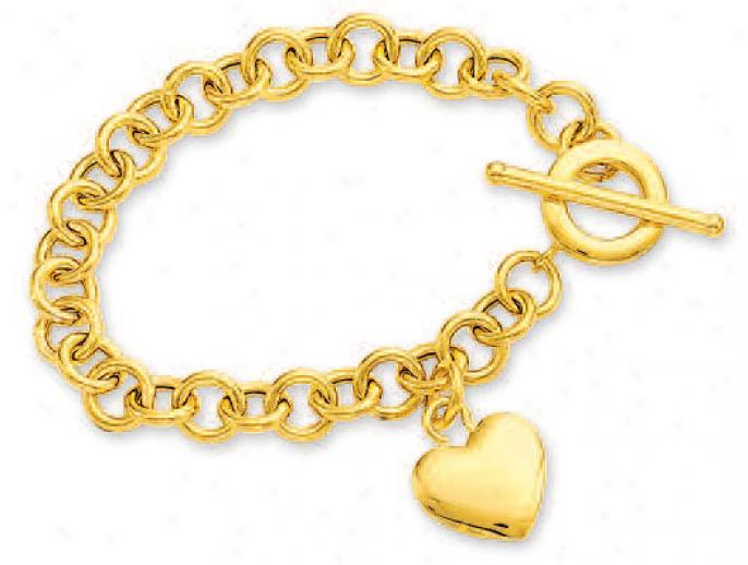14k Yellowheart Shaped Charm And Toggle Bracelet - 7.5 Inch