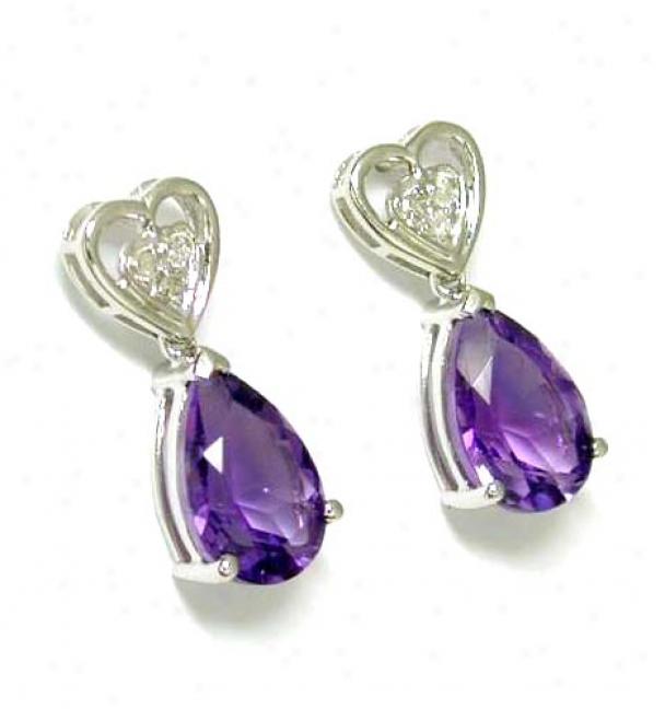 Amethyst & Diamond Heart Shaped Drop Earrings