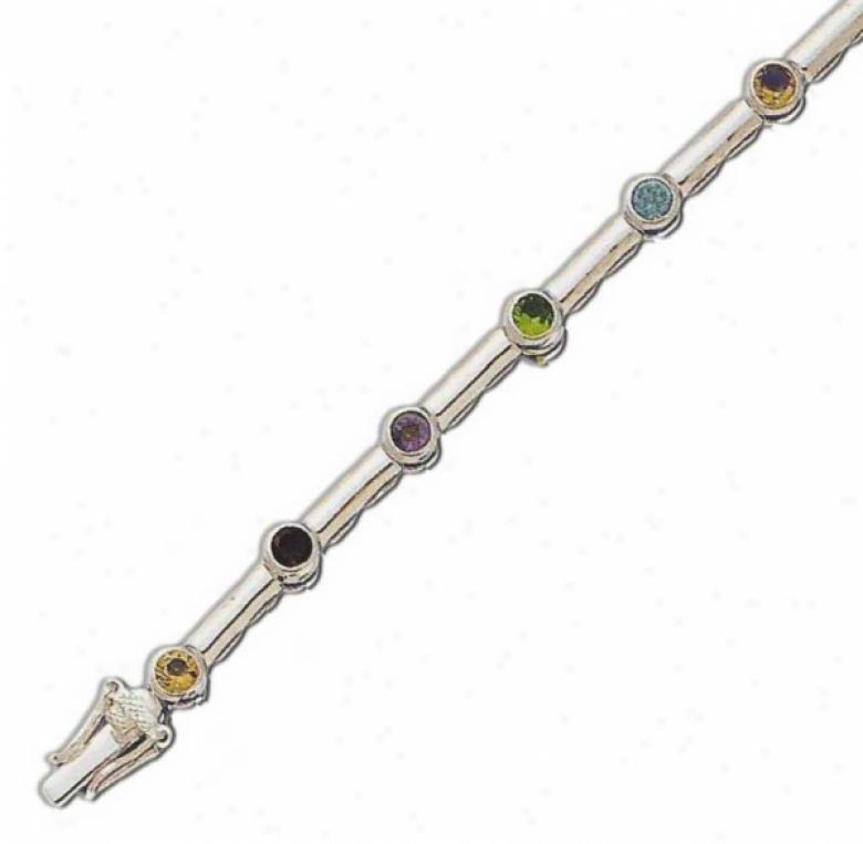 Bar Link Multi-gem Bezel Set Round 4 Mm Cz Silver Bracelet