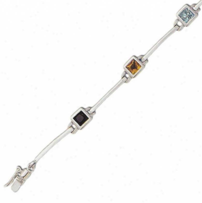 Besel Set Link Multi-gem Square 5 Mm Cz Silver Bracelet