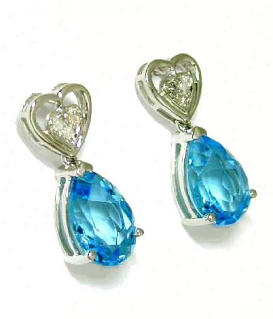Blue Topaz & Diamond Heart Shaped Drop Earrings