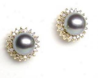 Cultured Black Pearl & Diamond Earrings